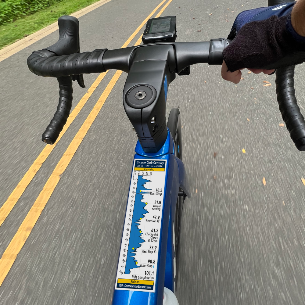 Example custom cycling route sticker mounted on a bike